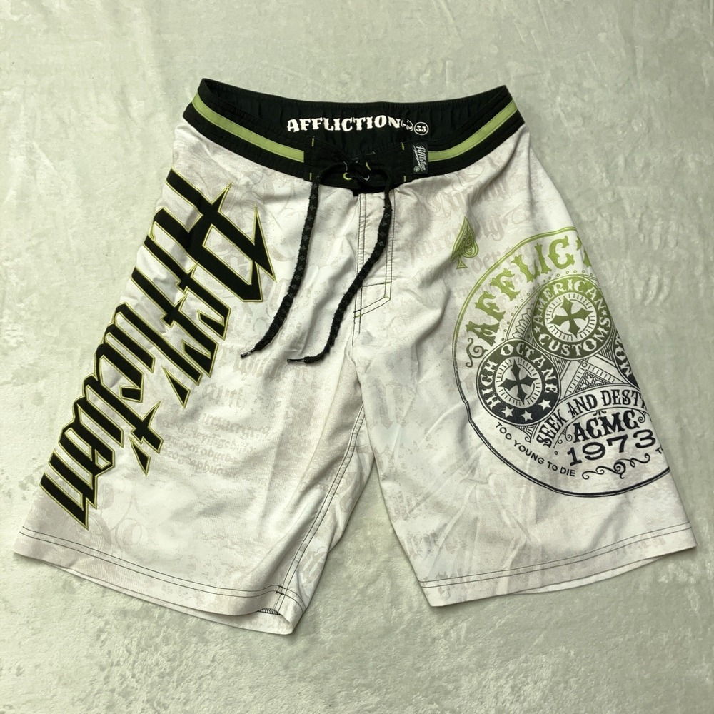 VTG Affliction Y2K Embroidered Board Shorts Swim Trunks Spellout Mens 33
